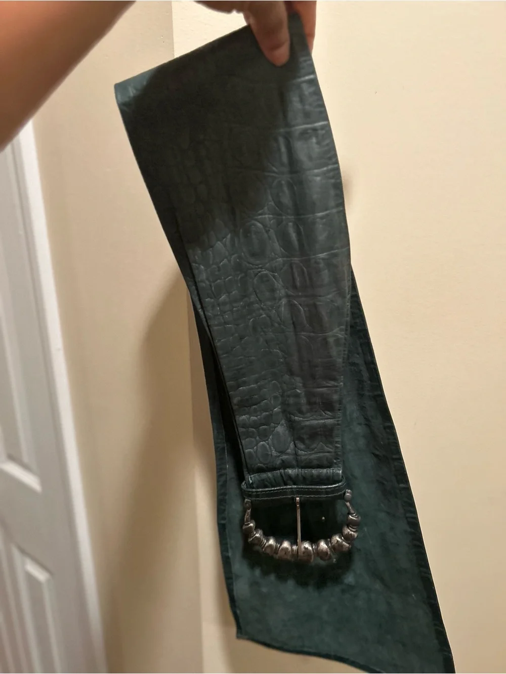 Extremely Wide vintage Green genuine Leather Waist Belt with Metal Ring Buckle